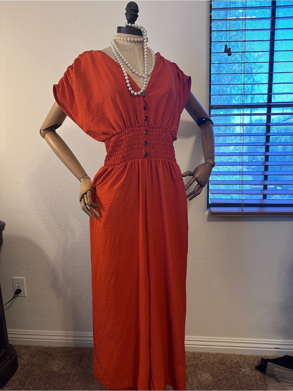 Calvin Klein Rust-Red Button-Front Maxi Dress with Smocked Waist